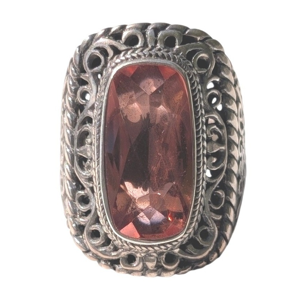 Sarda Filigree Cocktail Ring Red Pink Melon Cushion Cut Cut‎ Sterling 925 Size 7